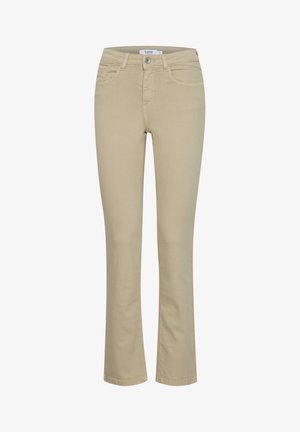 Beige Damen-Jeans mit geradem Bein, glatter Textur, Gürtelschlaufen, Reißverschluss und Vorder- sowie Gesäßtaschen.