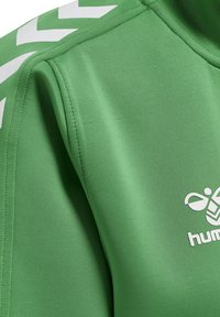 Groen sportshirt van gladde stof, voorzien van witte chevronpatronen op de schouders en een logo dat op de voorkant is gedrukt.