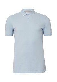 Hellblaues Poloshirt aus weichem Stoff, mit einem Zwei-Knopf-Verschluss, kurzen Ärmeln und seitlichen Schlitzen für mehr Bewegungsfreiheit.
