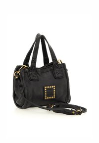 Borsa a mano in pelle nera con robuste maniglie doppie e una tracolla rimovibile. Presenta un'accento rettangolare borchiato sulla parte anteriore.