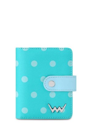 Aqua wallet with white polka dots, smooth texture, snap closure, and a silver logo accent. Compact design with rounded corners.