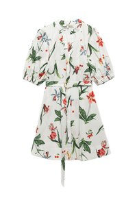 Witte knielange jurk met bloemen- en kersenprint, pofmouwen tot driekwart, een ronde halslijn en een tailleband met een metalen gesp.