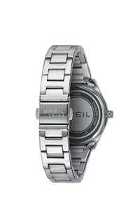 Montre en acier inoxydable Breil Tribe avec un bracelet à maillons argenté poli, un boîtier rond et un logo de marque gravé sur le fermoir et à l'arrière.