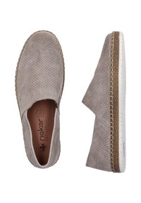 Gray perforated suede slip-on shoes with a white sole and natural jute trim, featuring a smooth inner lining and brand logo.