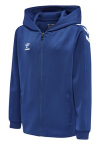 Felpa blu realizzata in tessuto morbido, con zip frontale, due tasche laterali e dettagli a zig-zag bianchi sulle spalle.