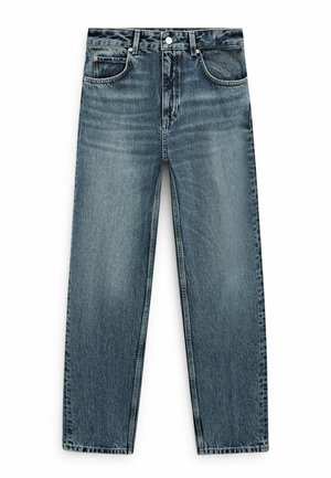 Blå straight-leg denimjeans med forreste knap- og lynlåslukning, traditionelt design med fem lommer og diskrete falmede detaljer på lårene.