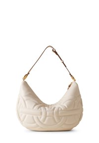 Weiße Leder-Schultertasche mit gestepptem Design, gebogener Form und braunem Schulterriemen mit goldfarbenen Hardware-Akzenten.