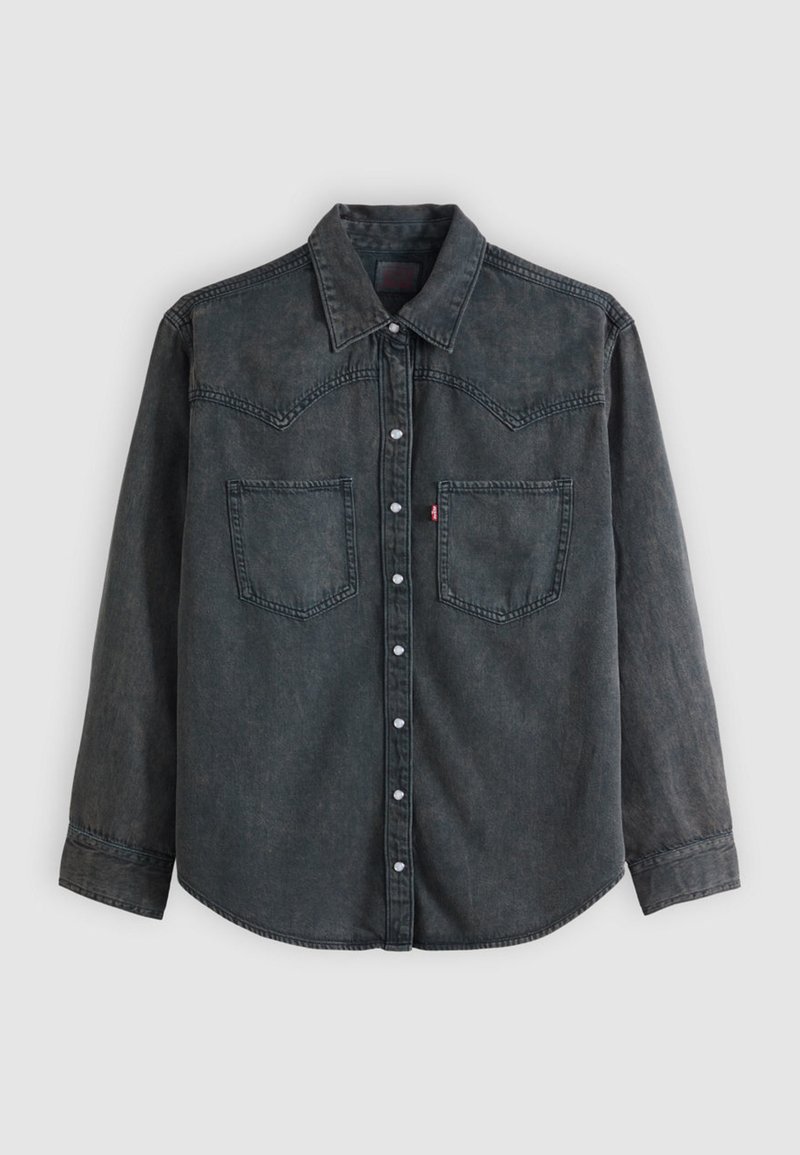 Dark gray denim long-sleeve shirt with button-up front, two chest pockets, pointed collar, and Western-style yoke stitching.