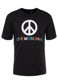 Zwart katoenen T-shirt met een groot wit vredessymbool en kleurrijke tekst "LOVE MOSCHINO" eronder. Korte mouwen, ronde hals.