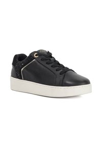 Black leather sneaker with a white rubber sole, featuring a textured black accent with small embellishments, and gold eyelets on the laces.