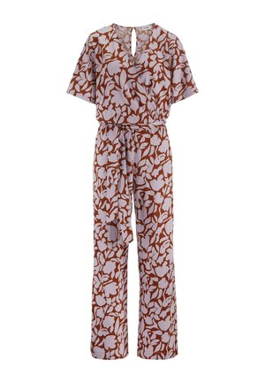 Bruin en wit met bloemenpatroon jumpsuit met een V-hals, korte mouwen en een strikceintuur in de taille. Rechte pijpen.