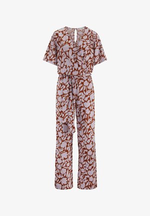 Brown and white floral patterned jumpsuit with a V-neck, short sleeves, and a tie belt at the waist. Straight leg design.