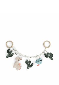 Plush baby toy with two fabric rings, featuring a soft llama, a blue bird, and three green cacti, all textured and designed for tactile engagement.