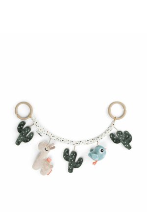 Jouet en peluche pour bébé avec deux anneaux en tissu, présentant un lama doux, un oiseau bleu et trois cactus verts, tous texturés et conçus pour un engagement tactile.