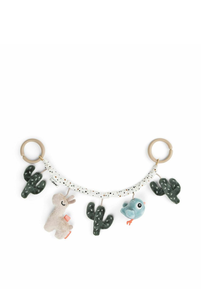 Plush baby toy with two fabric rings, featuring a soft llama, a blue bird, and three green cacti, all textured and designed for tactile engagement.