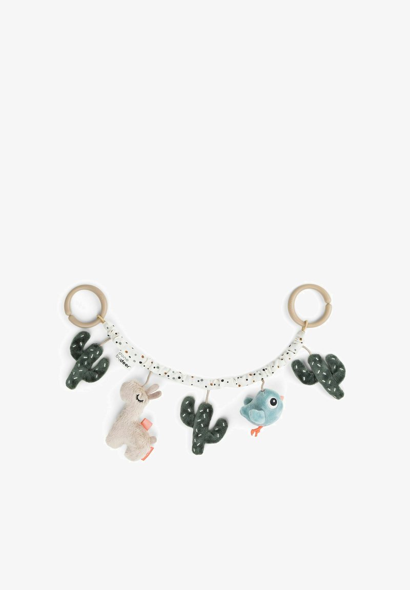 Plush baby legetøj med to stofring, der har en blød llama, en blå fugl og tre grønne kaktusser, alle med tekstur og designet til taktile oplevelser.