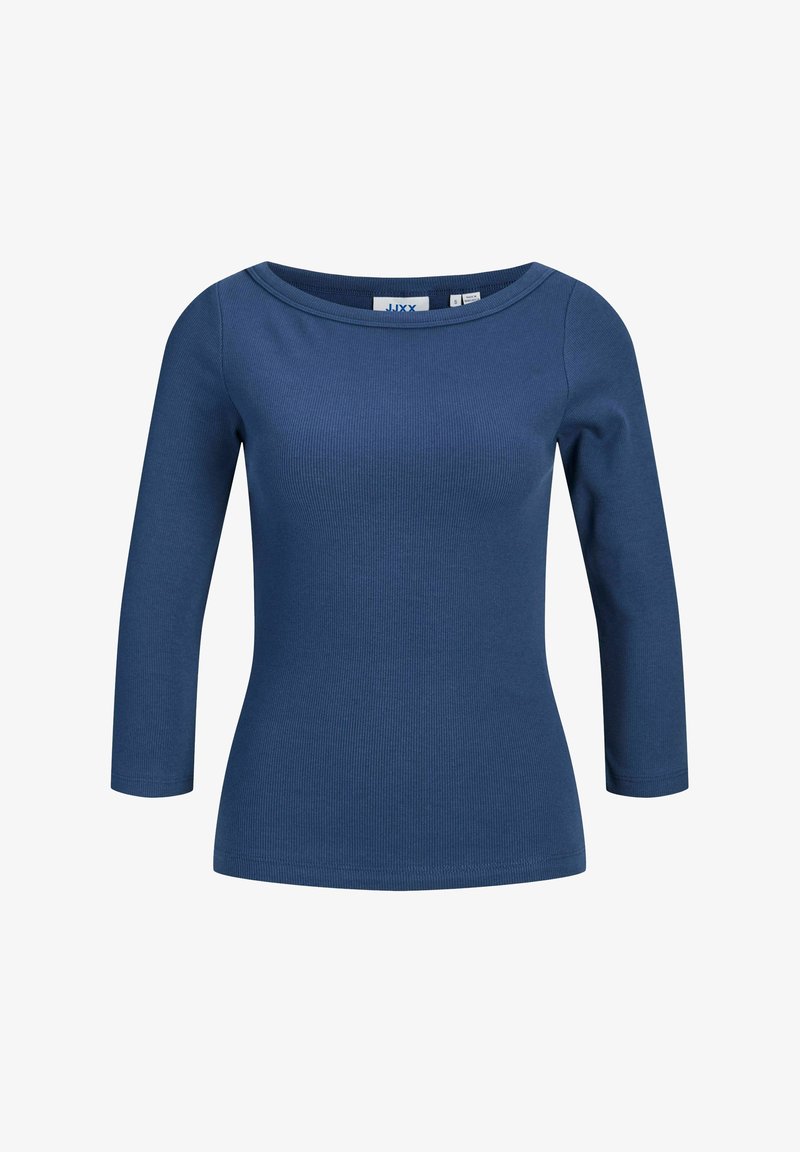 Navy blue ribbed long-sleeve top with a wide boat neckline, slightly fitted design, and soft cotton material, featuring no additional hardware.