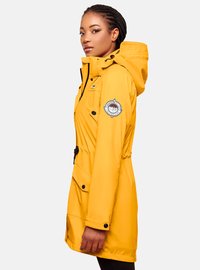 Yellow waterproof coat featuring a hood, black buttons, cinched waist, and a patch detail on the left arm. Smooth texture, mid-length design.