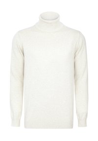 Cremfarbener Rollkragenpullover aus weichem Strickmaterial. Mit langen Ärmeln und gerippten Akzenten am Hals und an den Bündchen. Glatte Textur.
