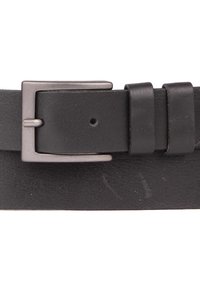 Ceinture en cuir noir avec une boucle en métal au fini mat, deux passants en cuir et des trous perforés pour ajustement de taille.