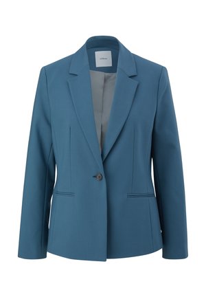Blazer bleu pour femme à un bouton avec revers crantés et deux poches passepoilées à l'avant, présenté sur fond blanc.