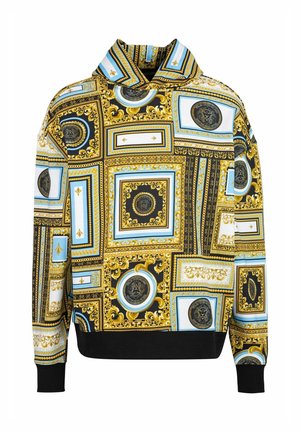 Multikleurige pullover sweatshirt met een gedurfde gouden, blauwe en zwarte barokpatroon, voorzien van manchetmouwen en een hoge kraag.
