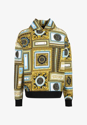 Multikleurige pullover sweatshirt met een gedurfde gouden, blauwe en zwarte barokpatroon, voorzien van manchetmouwen en een hoge kraag.