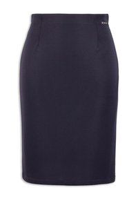 Jupe crayon bleue marine en tissu lisse, avec une coupe ajustée et un léger éclat. Comprend des détails minimaux à la taille.