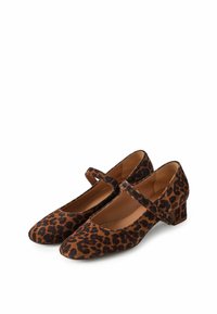 Scarpe Mary Jane con stampa leopardata marrone, realizzate in materiale morbido, con tacco basso a blocco e una cintura sopra il collo del piede.