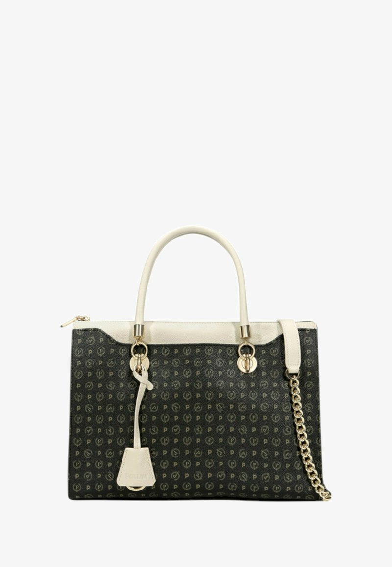 Borsa nera con motivo logo in rilievo, dettagli in ecopelle bianca, manici superiori e una tracolla a catena removibile. Presenta una chiusura a zip.