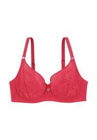 Soutien-gorge en dentelle rouge et en filet, avec armatures, bretelles réglables et un détail décoratif en anneau central. Texture lisse avec des motifs floraux.