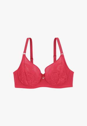Soutien-gorge en dentelle rouge et en filet, avec armatures, bretelles réglables et un détail décoratif en anneau central. Texture lisse avec des motifs floraux.