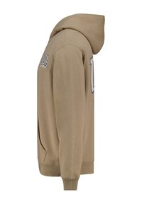 Hooded sweatshirt in tan, featuring a kangaroo pocket, ribbed cuffs, and "USA" logo in blue and white on the left chest. Soft texture.