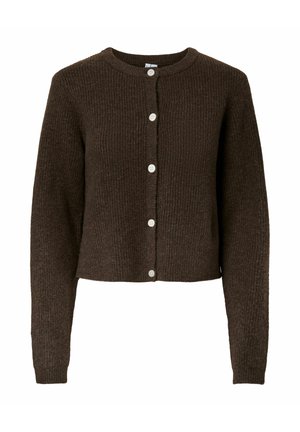 Cardigan marrón de canalé con cuello redondo, botones delanteros y mangas largas. Presenta un patrón de punto texturizado y una longitud cortada.