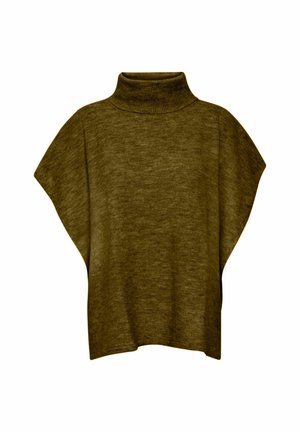 Olive roheline poncho-sweater kõrge kaelusega, pehme tekstuuriga, lõdva lõikega ja laienevate varrukatega, millel on soonitud kaeluse detailid.