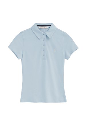 Lichtblauw poloshirt met korte mouwen, kraag, vijf knopen aan de voorkant en een klein geborduurd logo op de linkerborst.