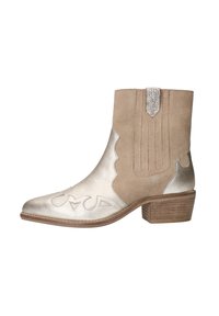 Stivali ankle in suede beige con accenti metallici dorati, punta affusolata, design scallop e tacco testurizzato; presenta un motivo decorativo cucito.