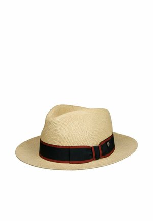 Beige woven straw fedora hat with a black and red ribbon band and a small round metal logo on the band.