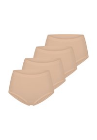Neljän kappaleen saumatonta alusvaatetta vaaleanbeige värissä, jossa on sileä pinta, korkea vyötärösuunnittelu ja pehmeä vyö comfortia varten.