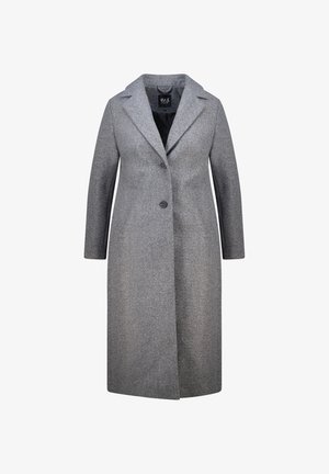 Lang grijs damesoverhemd met lapel-kraag, twee knopen aan de voorkant en zijzakken, getoond op een witte achtergrond.