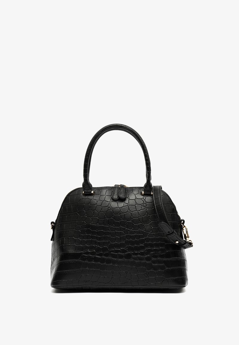 Sac à main noir à texture crocodile, avec deux poignées et une bandoulière amovible, posé verticalement sur fond blanc.