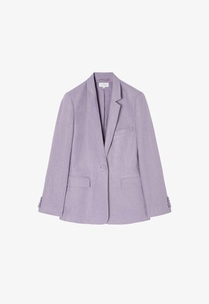 Lavender linen blazer with a single button closure, notched lapels, two front pockets, and decorative button accents on the sleeves.