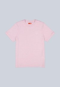 Rosa Kurzarm-T-Shirt aus Baumwolle. Mit rundem Halsausschnitt und kleinem weißen Logo auf der linken Brust. Glatte Textur, lässige Passform.