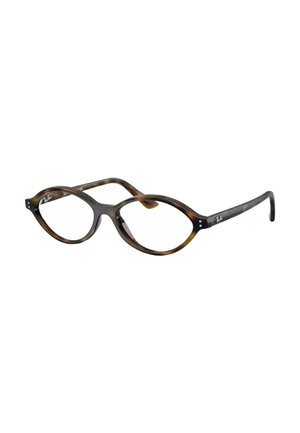 Montature ovale in tartaruga per occhiali con aste sottili e lenti trasparenti, logo Ray-Ban sulle aste.