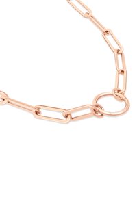 Roséguld kedja halsband som har avlånga länkar och en cirkulär ringklammer. Slät metallisk yta med en enhetlig glänsande finish.
