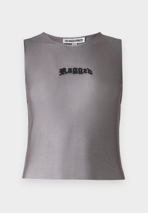 Grå ermeløs crop top laget av et gjennomsiktig stoff, med svart brodert tekst "Ragged" i sentrum. Enkel, moderne design.