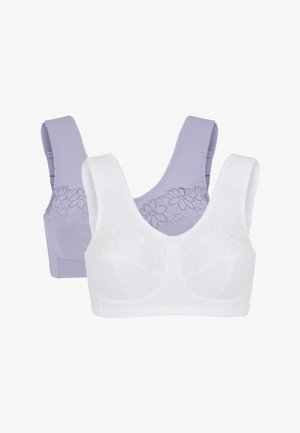 Twee bh's in het wit en lavendel, met bloemborduursel aan de bovenkant, brede banden en een naadloos ontwerp voor comfort en ondersteuning.