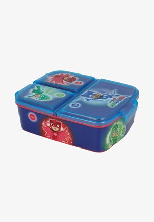 Blue plastic lunchbox with three compartments. Features cartoon characters on the lid, red accents, and a secure blue snap lid.