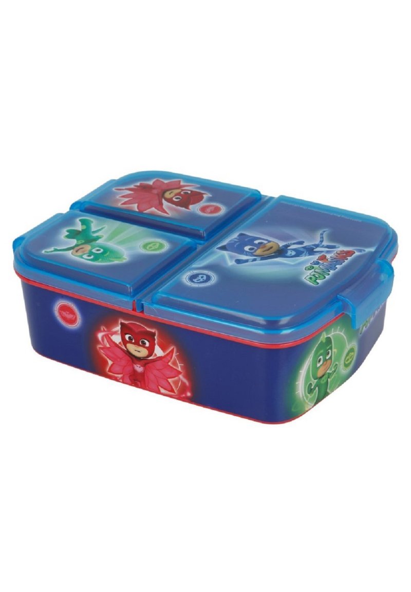 Blue plastic lunchbox with three compartments. Features cartoon characters on the lid, red accents, and a secure blue snap lid.