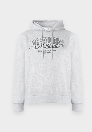 Sweatshirt cinza de algodão com capuz ajustável, punhos canelados e uma estampa frontal com o texto "JACK & JONES" e "Col. Studio".
